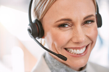 Call center, portrait and face of woman, smile and friendly for customer service, headset and tech...
