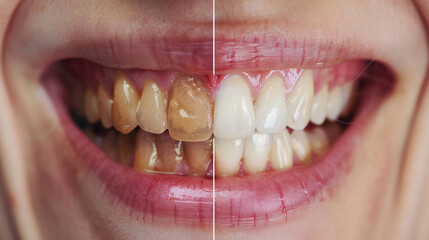 Before and after comparison. Veneers were added. Advanced periodontal disease. Severe gum infection. Dental clinic. Plaque buildup in smokers.