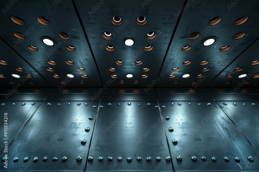 Poster symmetrical shot of ceiling with multiple lit and unlit circular lights, evoking a futuristic feel