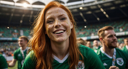 Naklejka premium ginger hair woman sports fan supporting ireland national football team. sports fans celebrating championship victory in a sports stadium