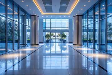 Fototapeta premium Spacious and modern lobby area with reflective floor and strategic lighting
