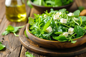 Fresh garden salad with herbs. Fresh leaves, arugula, feta cheese and olive oil in a brown wooden bowl. Free space for copying. Food from your garden. Healthy eating concept. Vegetarianism. Background