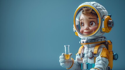 Astronaut boy with a flask in his hands.