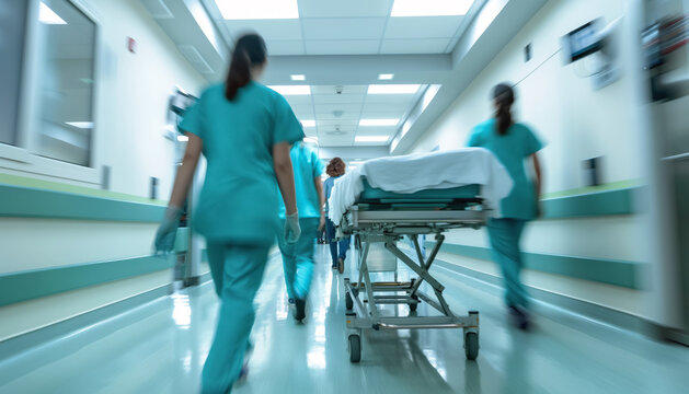 Doctors and medical staff transporting patient on stretchers in hospital. Photo from behind with motion blur to emphasise action and urgency. Generative AI