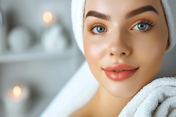 Close up portrait of a calm relaxed woman wearing a spa towel and moisturizer in a beauty spa. Natural cosmetics for skin care. Beautiful young woman with a mask on her face. cosmetology concept