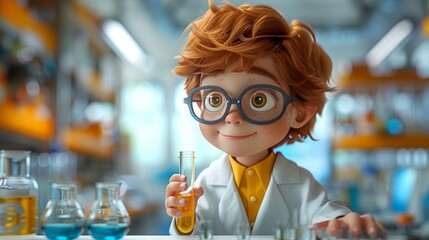 Funny red-haired boy in a lab coat and glasses holds a test tube with liquid in his hands.