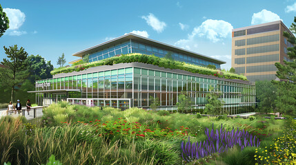 Public city library building exterior with lush green plants. Eco-friendly sustainable infrastructure concept