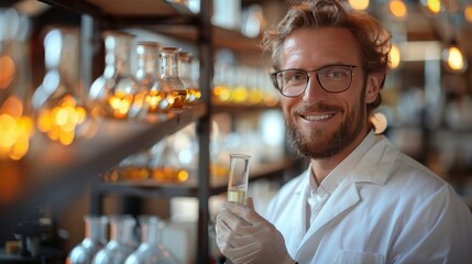 Portrait of handsome scientist holding test tube with yellow liquid in laboratory