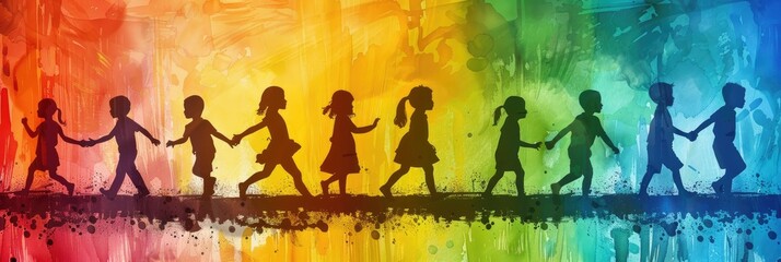 Silhouettes of children playing on a colored background. The children are holding hands. Children Protection Day.