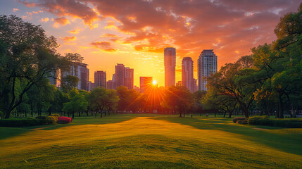 A city park with the sun setting behind the buildings. - Powered by Adobe