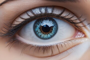 Fototapeta premium Close-up of a female blue eye with a beautiful iris and long eyelashes. High detail, youthful look