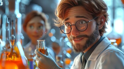 Portrait of handsome scientist holding test tube with yellow liquid in laboratory