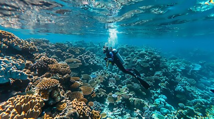 Diving into the vibrant coral reefs of the Red Sea during the summer exploring an underwater world teeming with marine life and colorful coral formatio