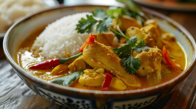 Enjoy a delicious meal of chicken curry with rice, yellow curry chicken, or chicken feet soup with a flavorful yellow curry broth.