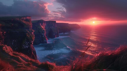 Admiring the sunset over the Cliffs of Moher in Ireland where the Atlantic Ocean meets rugged...