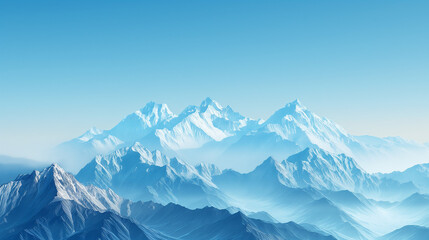 Snow-covered mountain range under a clear blue sky, serene winter landscape	