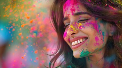 A woman celebrates Holi, a vibrant festival, by playfully splashing color on a canvas.