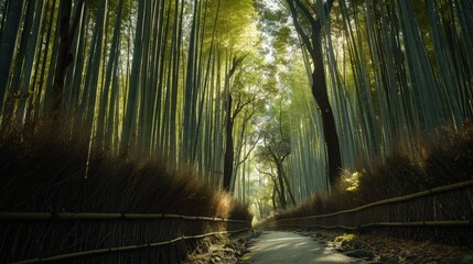 A serene hike through the bamboo forests of Arashiyama in Kyoto where the paths are lined with towering bamboo stalks. The light filters through the le