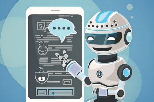 Chatbot on a smartphone screen, AI support message service talks to the user, artificial intelligence virtual assistant marketing automated technology, business cartoon	
