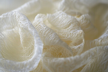 A close-up of spun sugar spun into delicate nests, resembling fine lace.