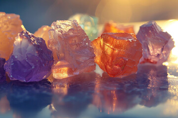 A cluster of sugary rock candies gleaming under soft diffused sunlight.