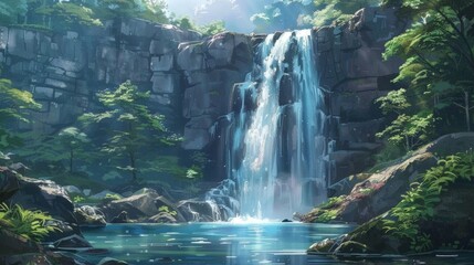 A majestic waterfall cascading down a rocky cliff into a crystal-clear blue pool below surrounded by lush greenery. Mist rises from the impact catching
