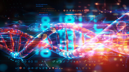 Fototapeta premium close up view of a dna double helix, rotating DNA glowing molecule on blue background