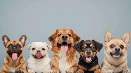  A group of cute puppies of different breeds on blue background
