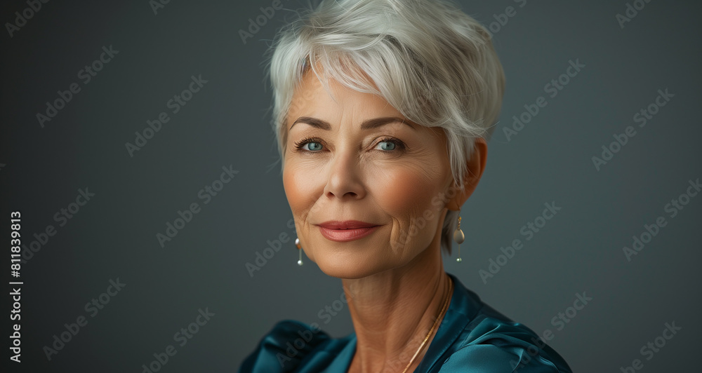 Wall mural Ageless Beauty: A woman with short, gray hair in her 50s embraces her natural elegance, proving that style knows no age.