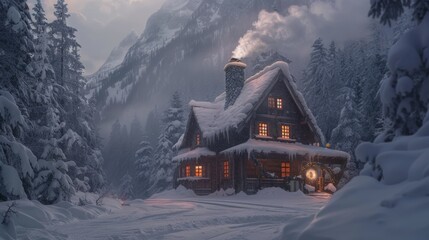 A cozy mountain cabin during winter with smoke rising from the chimney and snow piling up on the roof. The surrounding forest is covered in snow and so