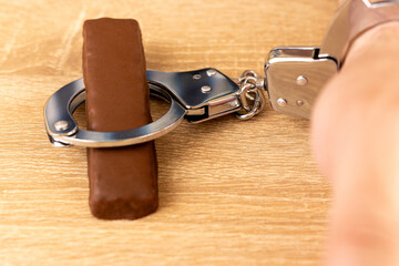 A man is handcuffed to a bar of chocolate. Sweet addiction concept.