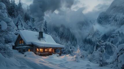A cozy mountain cabin during winter with smoke rising from the chimney and snow piling up on the roof. The surrounding forest is covered in snow and so