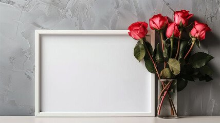 Empty white frame and bouquet of roses near white wall. Template greeting card for valentine day, birthday or wedding.