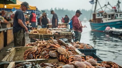 A bustling seafood market by the harbor with vendors selling fresh fish crabs and shellfish. Shoppers inspect the catch of the day and boats are docked