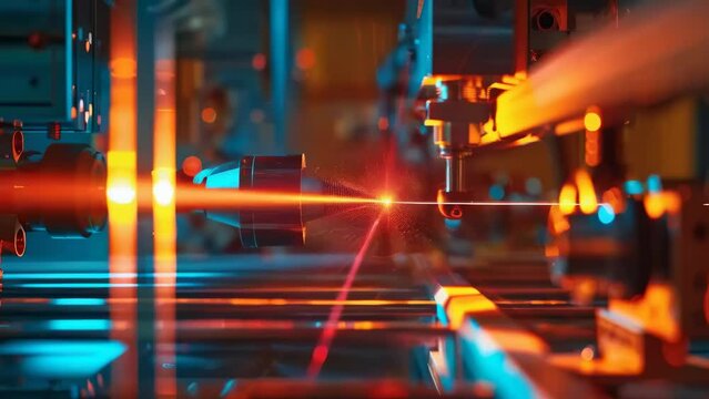 High-tech robotic arm performing precise laser cutting in a manufacturing setting, emphasizing innovation and precision in industrial automation. Scientific research work with light