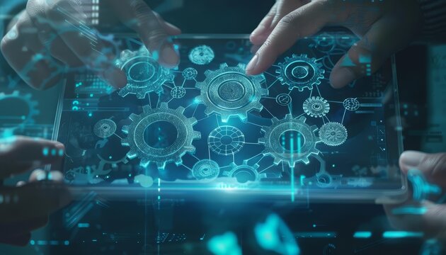 A network of gears and cogs animates behind a clear touch screen, depicting a team efficiently collaborating in realtime, Sharpen banner template with copy space on center
