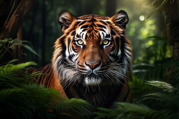 Intense tiger gaze in verdant jungle; ideal for wildlife themes, nature blogs, or educational use