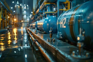 "Close-Up of Industrial Hydrogen (H2) Fuel Storage Tank with Hydrogen Power Plant Background, Reflecting Transition Towards Net Zero Emissions by 2050"