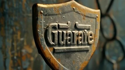 Close-up of a rustic metal shield featuring the embossed logo "Guarante", symbolizing strength and reliability with a vintage aesthetic
