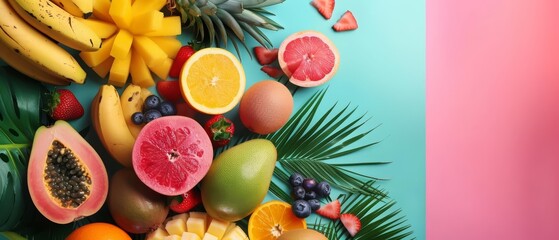 A vibrant collection of tropical fruits arranged in a creative flat lay template, showcasing natures palette, with solid background and copy space on center