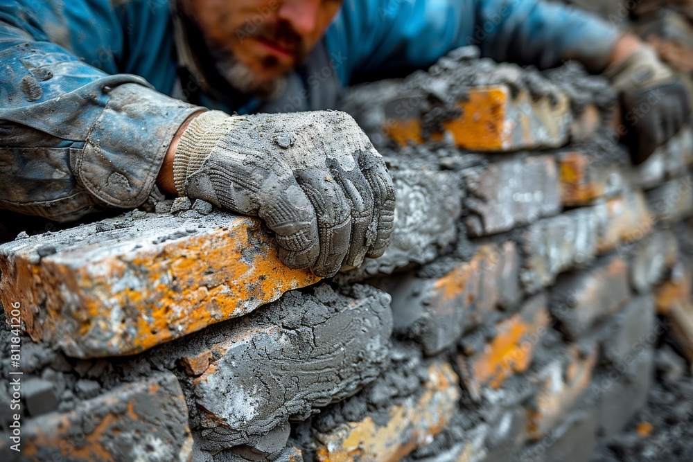 Poster the image depicts a focused bricklayer meticulously placing bricks to form a wall during constructio