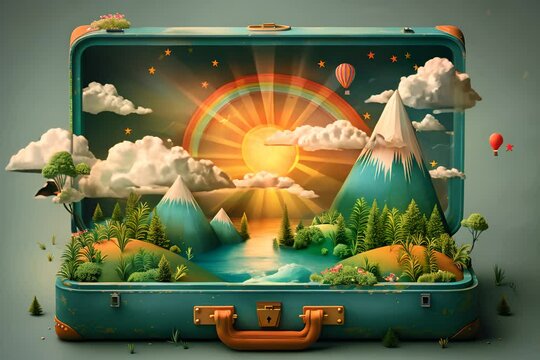 Open traveling staircase with mountain landscape, hot air balloon and scenic view, travel concept 3d	
