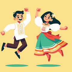 Cartoon of Filipino children wearing traditional Filipino clothes jumping for joy