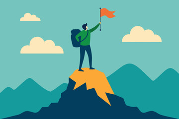 A traveler man on top of a mountain with a backpack and a flag triumphantly raised his hand and looking on valley. The concept of travel, hikes, discoveries, exploration, adventure tourism and travel