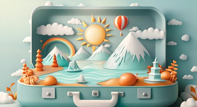 Open traveling staircase with mountain landscape, hot air balloon and scenic view, travel concept 3d	
