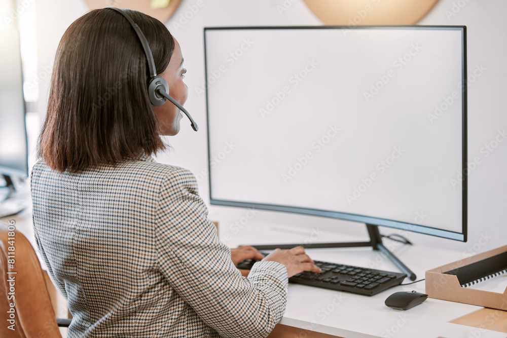 Poster call center, mockup and woman with computer screen in office consulting for customer service, contac