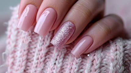 Long, pink fingernails with a touch of sparkle.