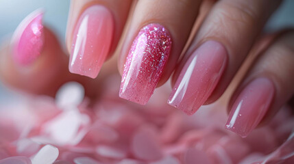 Long, pink fingernails with a touch of sparkle.