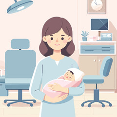 cartoon of a midwife holding a baby in a clinic