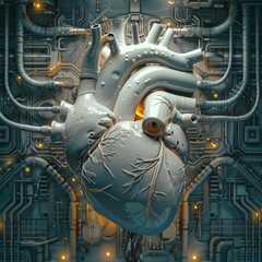 An abstract fusion of a human heart and futuristic medical machinery blends seamlessly, Sharpen banner template with copy space on center